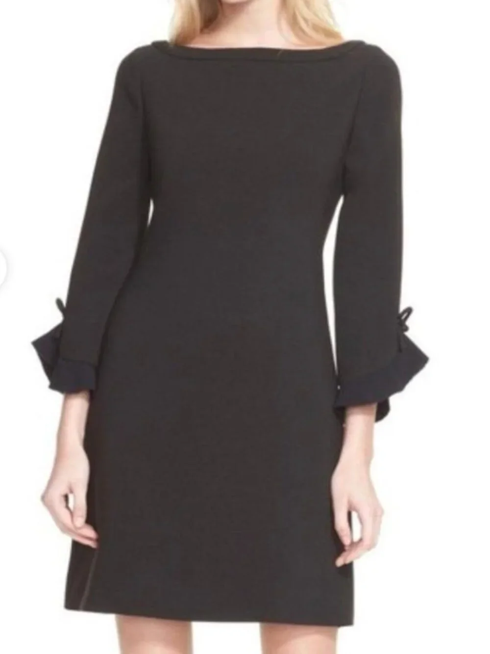 Kate Spade Bow Sleeve A-Line Ponte Knit Mini Dress Black Gold Zipper LBD Wms 2